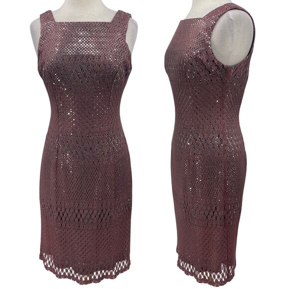 Vintage 90s Crochet Overlay Sequined Sheath Dress Squareneck Mauve Silver NEW 8 - Picture 2 of 12